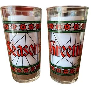 2 Vintage Libbey Holiday Glasses- Seasons Greetings Stained Glass & Poinsettia